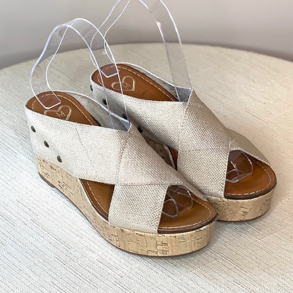 Madeline gold and faux cork wedges